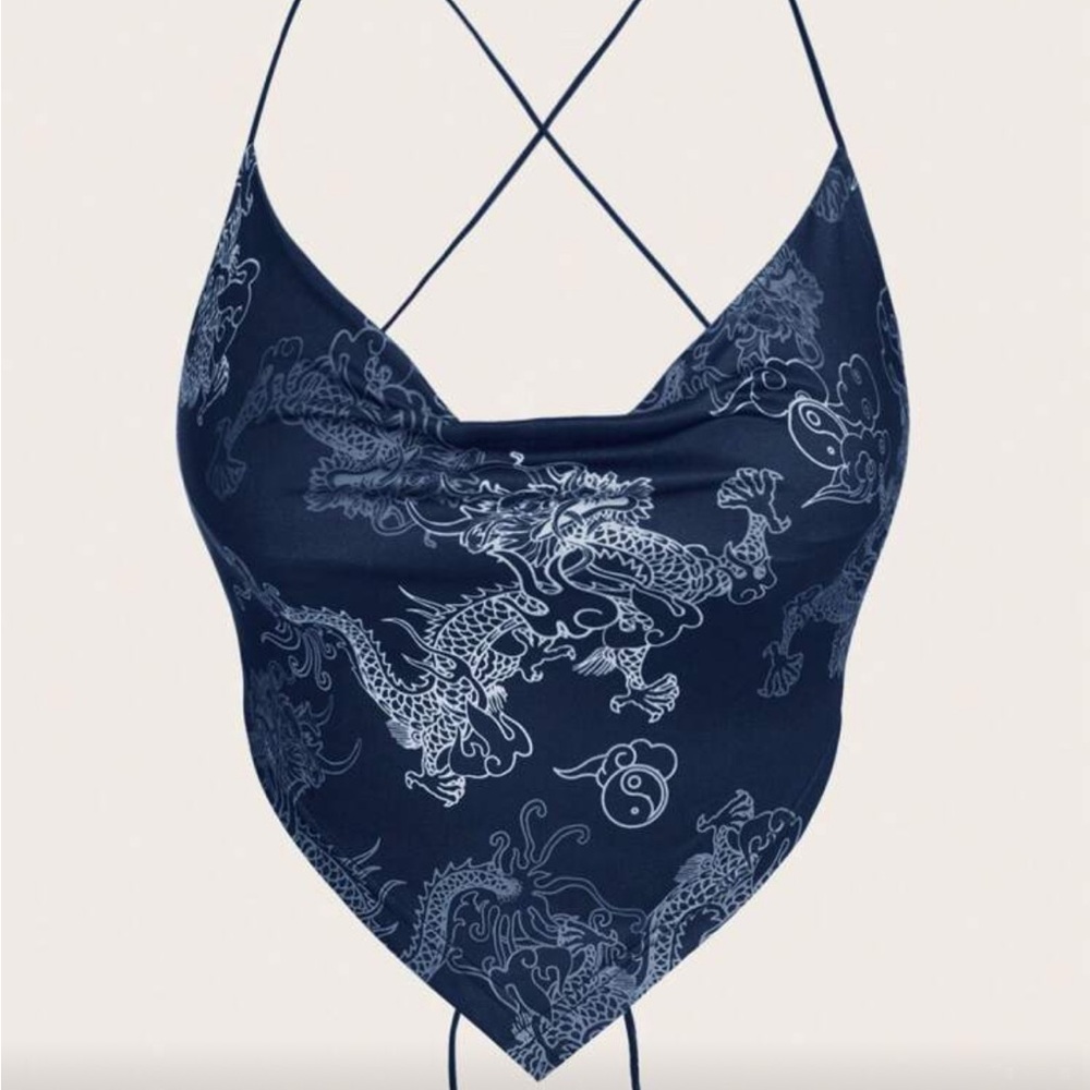 Dragon Print Halter Top with Cross-Back